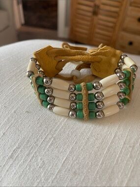 Native American Buffalo Beaded Green & Cream Beaded Leather Bracelet